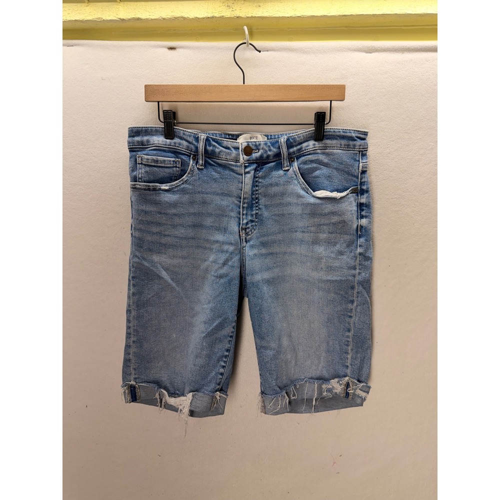 BKE Payton Bermuda Denim Shorts Womens 31 Blue Distressed Frayed Hem 3549